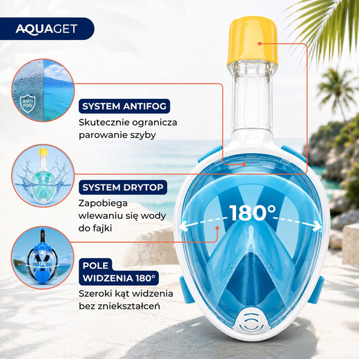 Maska do nurkowania L/XL pełnotwarzowa, z rurką, AntiFog, DryTop do snorkelingu regulowana