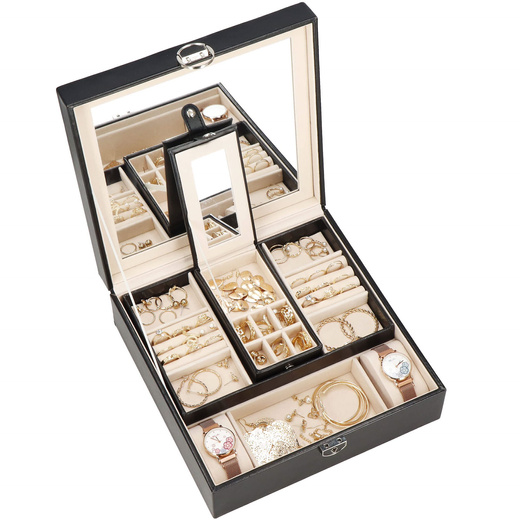 Szkatułka na biżuterię ekoskóra 25 x 25 x 8,5 cm czarny organizer z przegródkami i lusterkiem