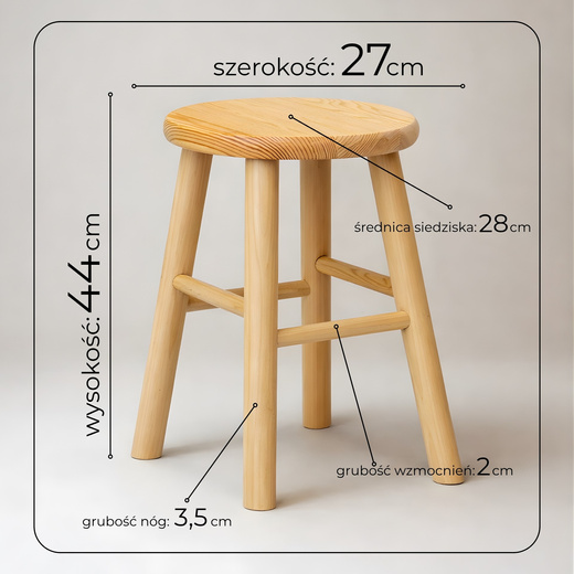 Taboret drewniany, okrągły stołek kucheny, pomocniczy 44 cm krzesło wielofunkcyjne 