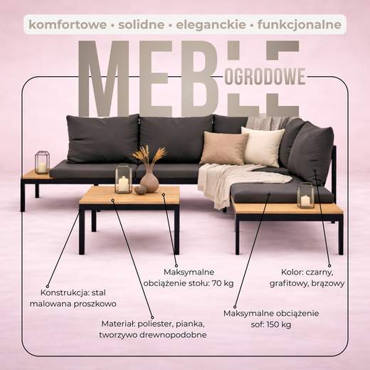 Meble ogrodowe zestaw stolik kawowy, sofa modułowa z poduszkami na taras czarno-brązowy