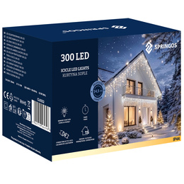 Kurtyna świetlna 300 led girlanda, lampki wewnętrzno-zewnętrzne sople biały ciepły + biały flash