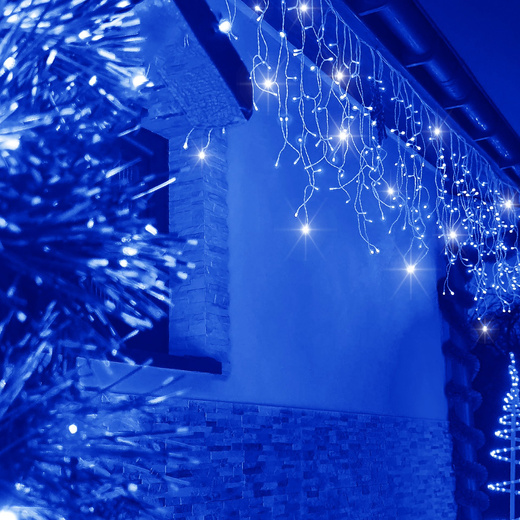 Kurtyna świetlna 300 led girlanda, lampki wewnętrzno-zewnętrzne 14,5 m sople niebieski z zimnym białym flash