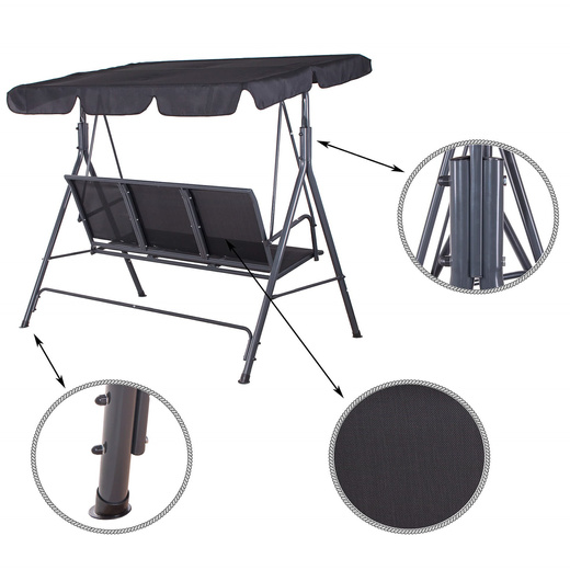 Huśtawka ogrodowa 3 osobowa fiona stalowa do 220 kg z regulowanym daszkiem i poduszkami