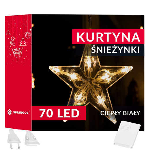 Kurtyna świetlna 70 Led gwiazdki lampki choinkowe wewnętrzne sople ciepły biały