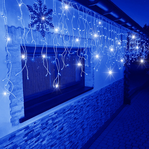 Kurtyna świetlna 500 led girlanda, lampki wewnętrzno-zewnętrzne sople niebieski z zimnym białym flash
