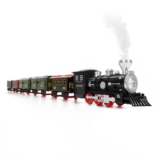 Pociąg z wagonami dla dzieci z mgiełką i dźwiękami, lokomotywa parowa z torami na baterie