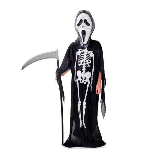 Strój na Halloween dla dzieci kostium śmierć z maską, peleryną i kosą kostucha przebranie