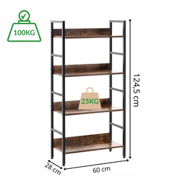 Regał na książki 4-poziomowy, industrialny 124,5x60x28 ciemnobrązowy