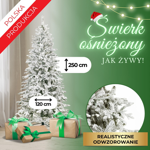 Choinka sztuczna 250 cm świerk ośnieżony jak żywy, nowoczesny, ze stojakiem