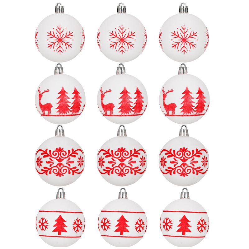 Bombki choinkowe 7 cm 12 szt. zestaw ozdoby świąteczne zdobione matowe, białe z wzorami