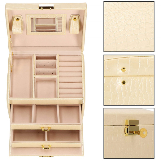 Szkatułka na biżuterię ekoskóra 17,5x14x12,5 cm ecru organizer z przegródkami