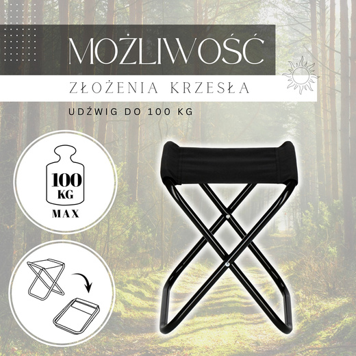 Krzesło składane turystyczne na biwak wędkarskie czarne