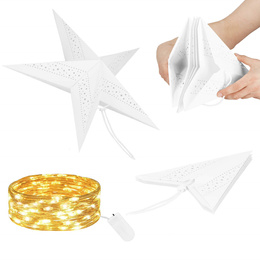 Gwiazda świąteczna papierowa biała i lampki choinkowe led ciepły biały