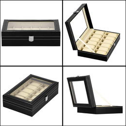 Szkatułka na zegarki 30x20x8 cm czarno-kremowa, ekoskóra organizer z 12 przegródkami