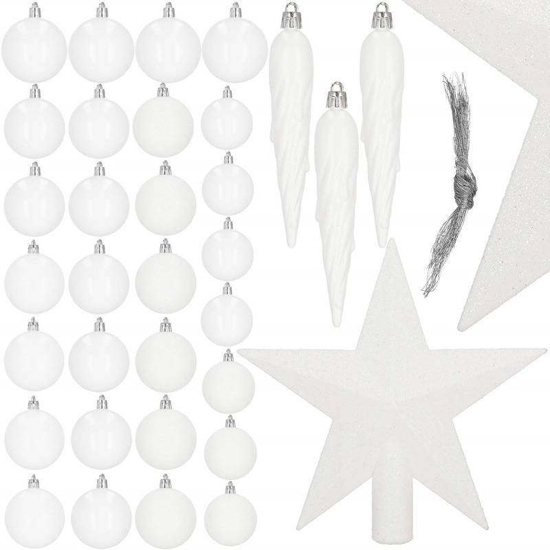 Bombki choinkowe 33 szt. ozdoby świąteczne zestaw z gwiazdą białe
