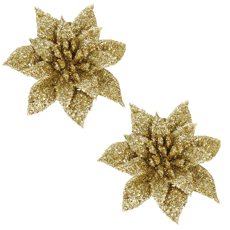 Gwiazda betlejemska 2 szt. sztuczny kwiat, poinsecja złota z brokatem, na klipsie