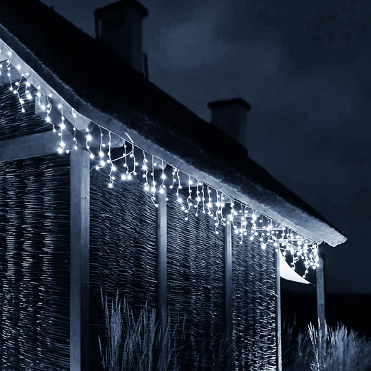 Kurtyna świetlna 300 led girlanda, lampki zewnętrzne sople zimny biały + flash