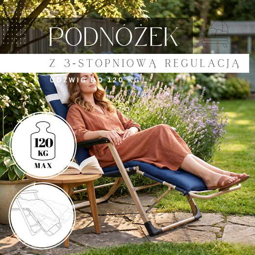 Leżak plażowy składany z podnóżkiem, fotel ogrodowy z poduszką granatowy