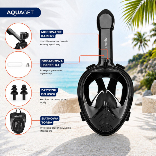 Maska do nurkowania L/XL pełnotwarzowa, z rurką, AntiFog, DryTop do snorkelingu regulowana