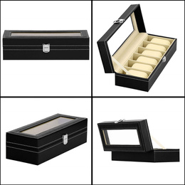 Szkatułka na zegarki 30x11x8 cm czarno-kremowy, ekoskóra organizer z przegródkami i okienkiem