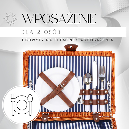 Kosz piknikowy z wyposażeniem, termiczny 42x27x20 cm wiklinowy, brązowy