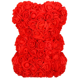 Miś z płatków róż czerwony z białym sercem 22 cm rose bear z opakowaniem