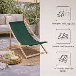 Leżak ogrodowy, drewniany z 3-stopniową regulacją, plażowy, balkonowy, ciemnozielony