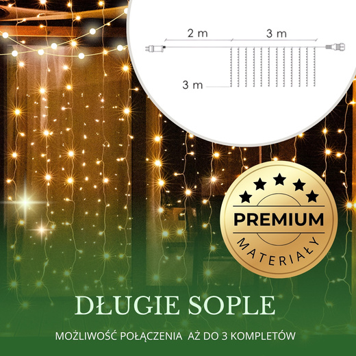Kurtyna świetlna 300 led girlanda, lampki sople biały ciepły