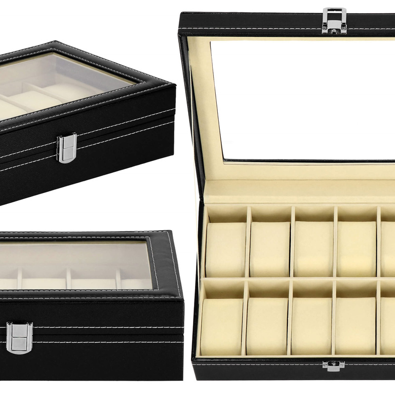 Szkatułka na zegarki 30x20x8 cm czarno-kremowa, ekoskóra organizer z 12 przegródkami