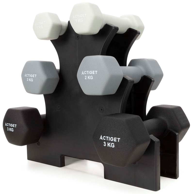 Hantle na stojaku zestaw 6 szt. obciążenia 1 kg, 2 kg, 3 kg do fitnessu, treningu domowego