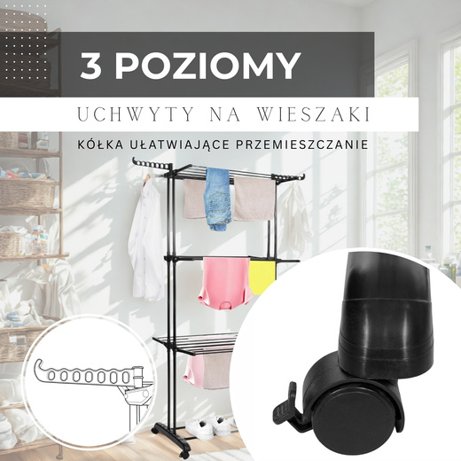Suszarka na pranie pionowa na kółkach 180x75,5x49 cm składana na ubrania, bieliznę
