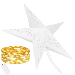 Gwiazda świąteczna papierowa biała i lampki choinkowe led ciepły biały