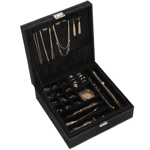 Szkatułka na biżuterię 26x26x9 cm czarny, welurowy organizer z przegródkami