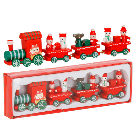 Drewniany pociąg z wagonikami, dekoracja, ozdoba świąteczna, wystrój wnętrz