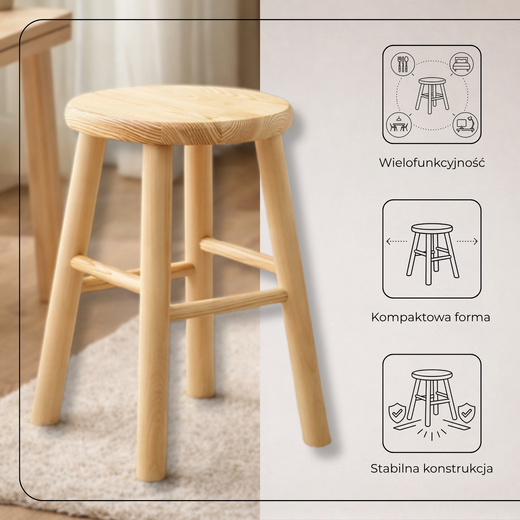 Taboret drewniany, okrągły stołek kucheny, pomocniczy 44 cm krzesło wielofunkcyjne 