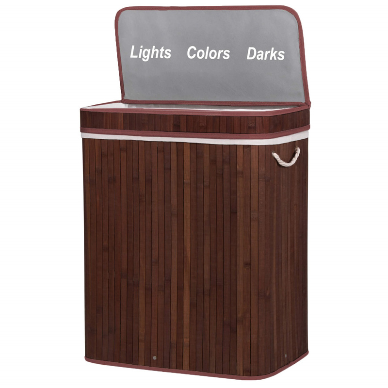 Kosz na pranie 100L z 3 komorami bambus naturalny brązowy