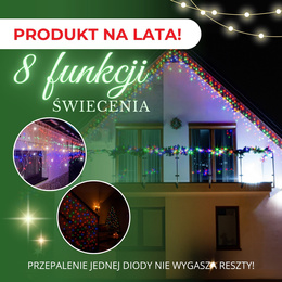 Kurtyna świetlna 1500 led girlanda, lampki wewnętrzno-zewnętrzne 67,5m sople multikolor