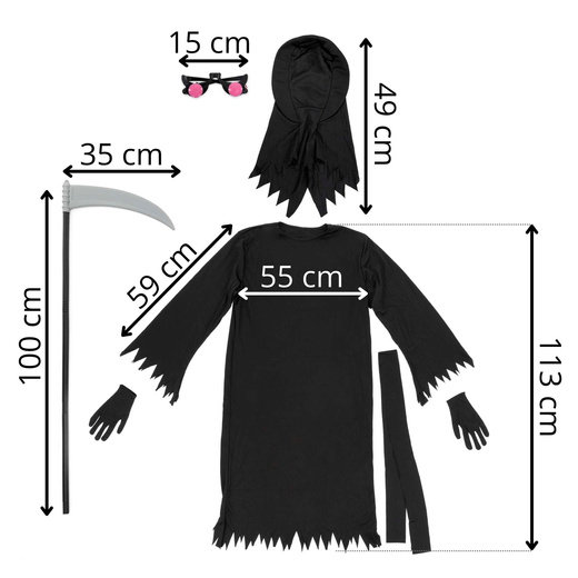 Przebranie na Halloween 146/152 cm strój śmierć, żniwiarz, kostium kostuchy, kosa, okulary LED