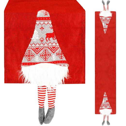 Bieżnik na stół 180x33cm obrus świąteczny z krasnalem czerwony