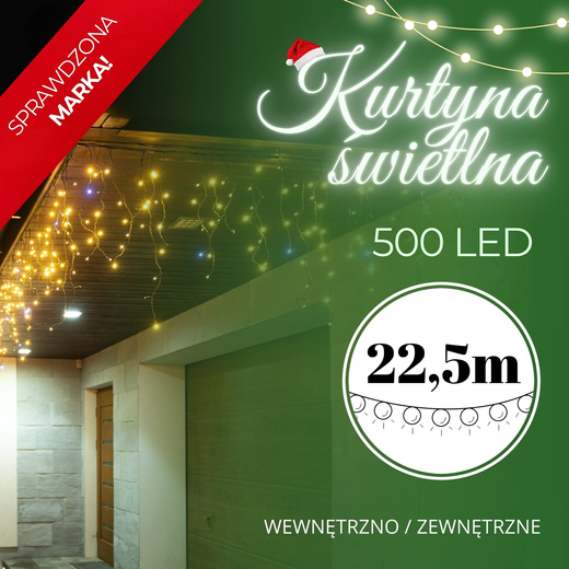 Kurtyna świetlna 500 led girlanda, lampki wewnętrzno-zewnętrzne 22,5 m sople biały ciepły + flash