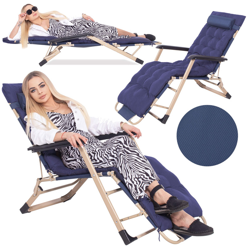 Leżak plażowy składany z podnóżkiem, fotel ogrodowy z poduszką granatowy