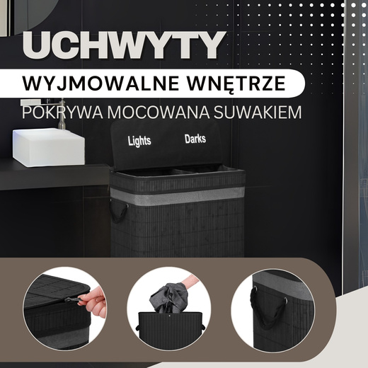 Kosz na pranie 100L z pokrywą czarny bambus dwukomorowy 