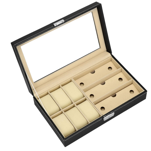 Szkatułka na zegarki 30x20x8cm czarno-kremowy, ekoskóra organizer z przegródkami i lusterkiem