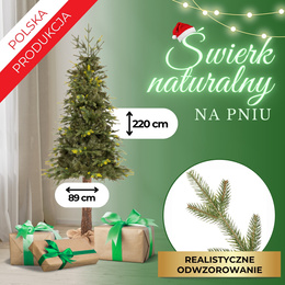 Choinka sztuczna na pniu 220 cm świerk naturalny ze stojakiem nowoczesny