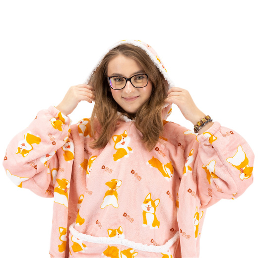 Kocobluza damska oversize koc bluza 2w1 z kapturem ciepła szlafrok futrzak piesek corgi