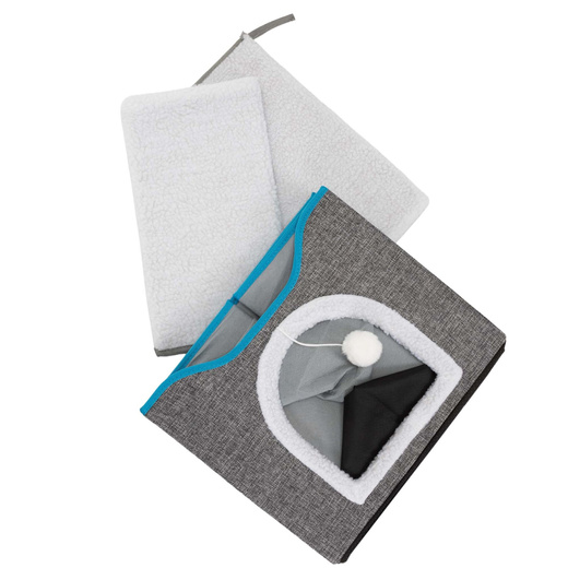 Legowisko dla kota z zabawką i drapakiem 42x41x34 cm koci domek, posłanie szare