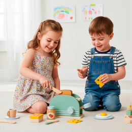 Toster zabawka drewniana dla dzieci, jajko, tost zestaw śniadaniowy 9 el. multikolor