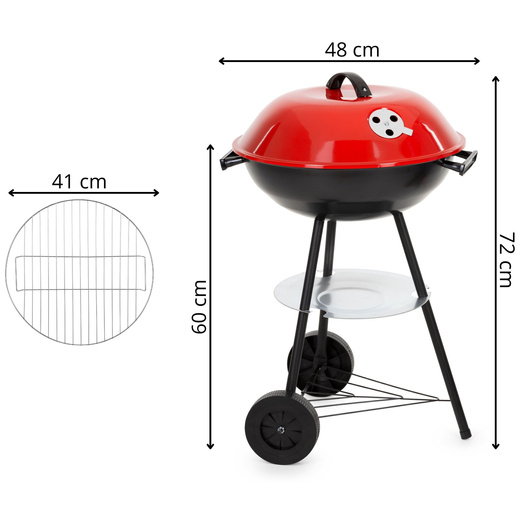 Grill węglowy, zamykany pokrywą okrągły, ruszt 41 cm przenośny, czarno-czerwony