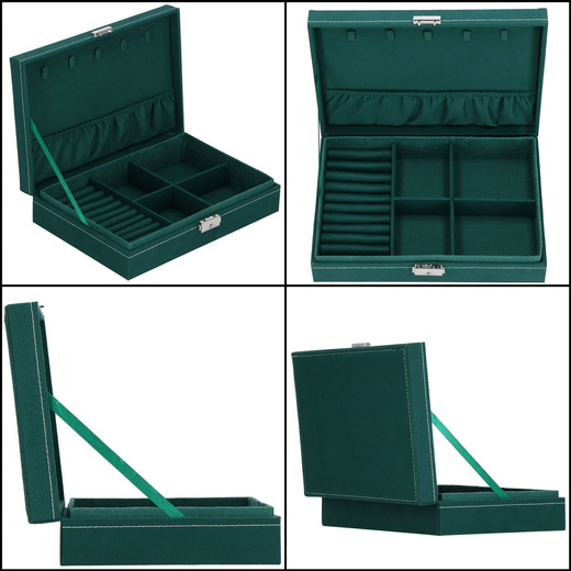 Szkatułka na biżuterię 28x19,5x7 cm zielony welurowy organizer z przegródkami