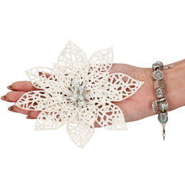 Gwiazda betlejemska, sztuczny kwiat, poinsecja ażurowa, biała z brokatem na klipsie